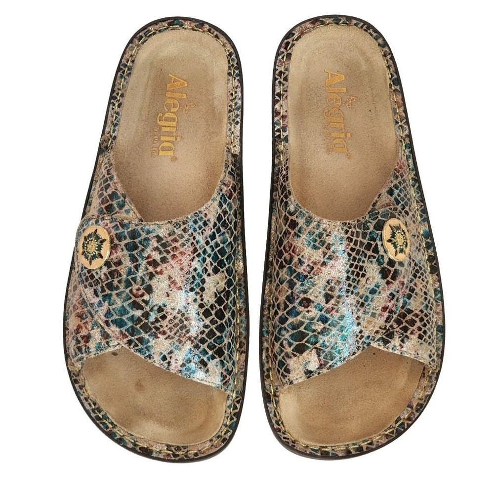ALEGRIA Kylee Wide Sandals Slide Multi-color Snake Print Leather Adjustable 38 8 - Picture 3 of 7